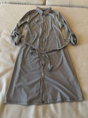 Mlle Gabrielle Black & White Vertical Stripe Long Sleeve Shirt Dress- Women’s